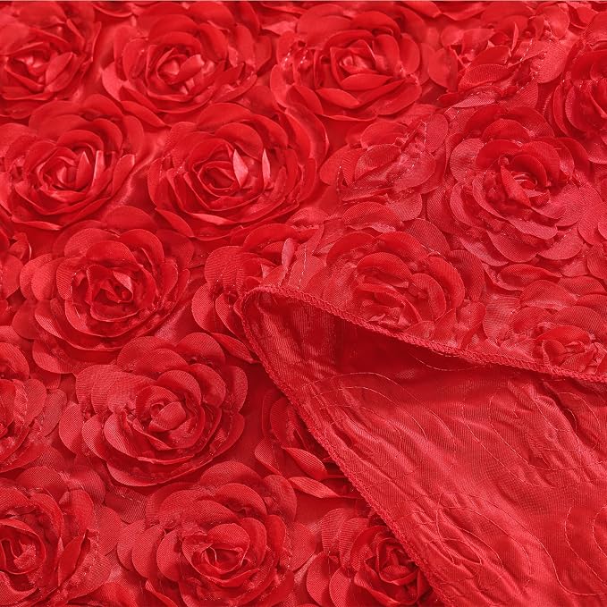 Red Rosette Tablecloth Rectangle Elegant Table Cover 90x132Inches Rosette Florals Satin Line for Wedding Party Table Decor