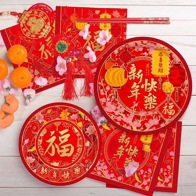 Chinese New Year Party Supplies Kit : Happy New Year Design Decorations Set with Disposable Plates, Napkins, Cups, Tablecloth, and Festive Banner - for Lunar New Year Celebrations Serves 25.