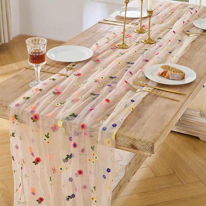 BINBE 6pcs Champagne Daisy Spring Table Runner Embroidery Gauze 10FT Florals Seasonal Tulle Holiday Birthday Kitchen Dining Table Decor for Home Party