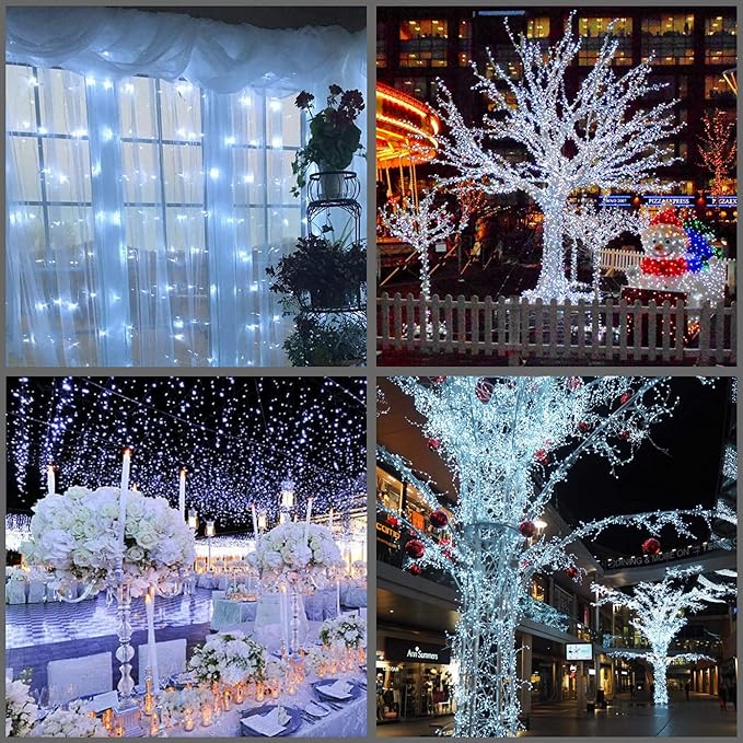 YULETIME 300 Cool White String Lights, 100 ft 8 Models Clear Wire 5mm LED | Wide Angle Bulbs, Safe 29V Adapter, Multimode Lighting, Connectable, 100' Total Length, 1-Strand 300 Lights, 4" Spacing