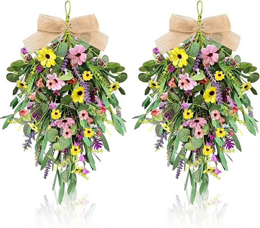 22" Artificial Spring Summer Swag Wreath 2Pcs Spring Summer Floral Teardrop Swags for Front Door Farmhouse Kitchen Cabinet Wreaths with Ribbon Faux Flowers Hanging Wreaths for Porch Wall Window Decor