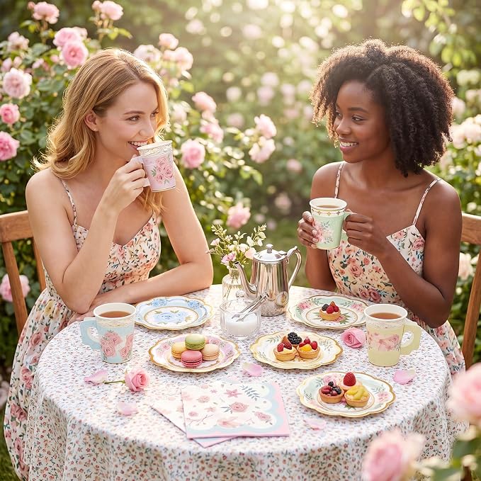 Yungyan 108 Pcs 36 Guest Tea Party Plates and Napkins Sets Floral Tea Party Supplies 6" Paper Plates, 9 oz Cups and Saucers Disposable Tableware Set for Birthday Wedding Bridal Shower Decorations