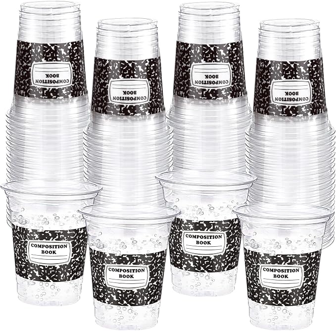 Funnymoom 60 Pack Composition Book Decoration Cups 12 oz Back to School Disposable Clear Plastic Drinking Cups for First Day of School Teacher Graduation End of Year Party Decorations Supplies