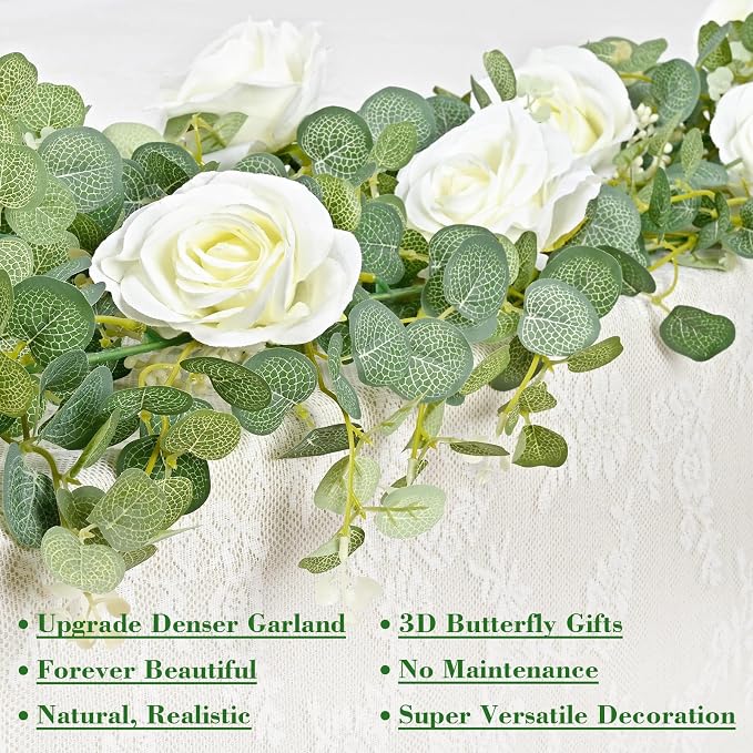 Yastouay 6 Ft Fuller White Flower Garland with Butterfly, Artificial Eucalyptus Garland with Flowers Fake Rose Vine Garland for Table Centerpiece Wedding Arch Baby Shower Party Room Backdrop Decor