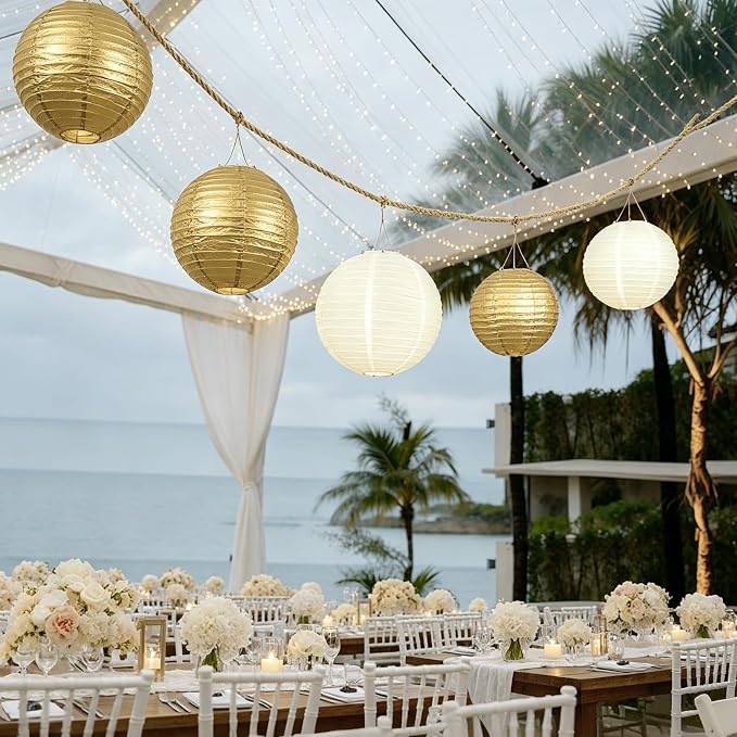 20Pcs Paper Lanterns Decorative, Gold and Ivory Round Hanging Paper Lanterns Decorations for Rustic Party Bridal Shower Wedding Birthday Party Supplies