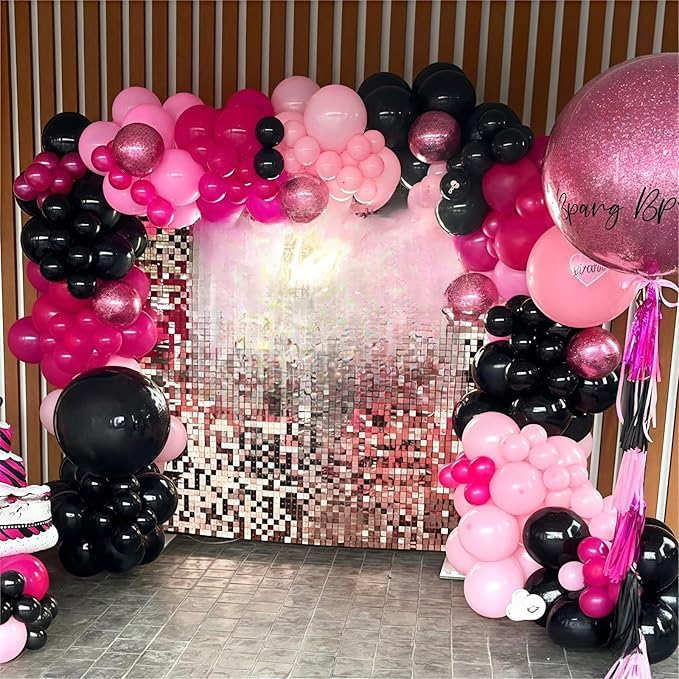 Pink and Black Balloon Arch Kit, 115Pcs Pastel Hot Pink Black White with Explosion Star Foil Latex Balloon Garland for Girls Women Birthday Theme Baby Shower Party Decorations
