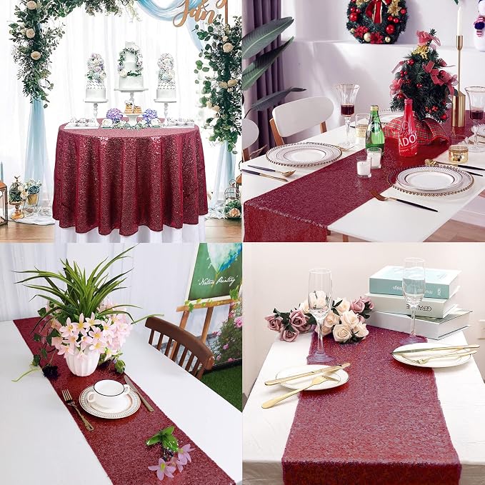 12 Packs Sequin Table Runner Glitter Dining Table Runner for Birthday Wedding Engagement Bridal Baby Shower Bachelorette Holiday Celebration Party Supplies Decorations (12" x 72", Burgundy)