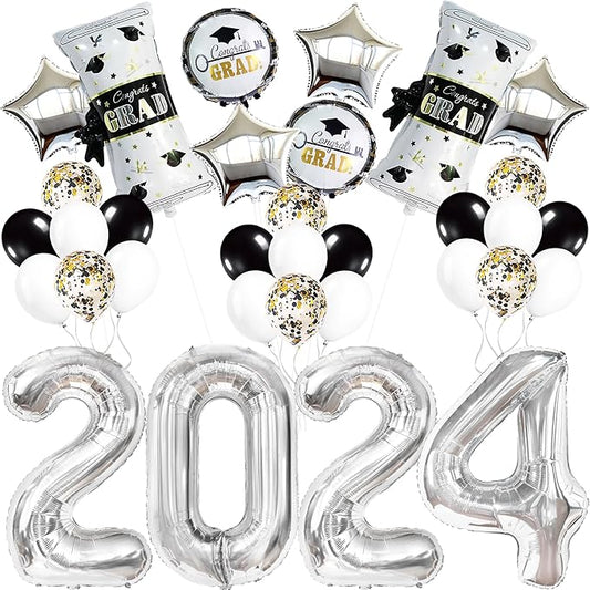 KatchOn, Silver 2024 Balloons Graduation - Pack of 35 | 40 Inch 2024 Balloons, Gold Confetti Balloons | Graduation Balloons for Silver Graduation Decorations | Graduation Decorations Class of 2024