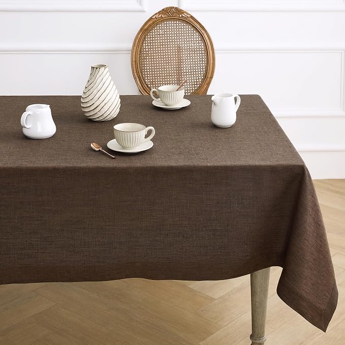 Solino Home Linen Square Tablecloth 52 x 52 Inch - 100% Pure Linen Chambray Brown Table Throw - Athena, Machine Washable Tablecloth