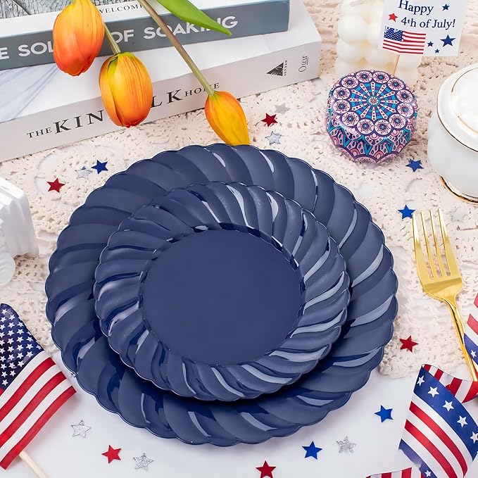 U-QE 100PCS Blue Disposable Plates - Heavy Duty Blue Plastic Hanukkah Plates for Hanukkah/Party/Wedding - Include 50PCS 9inch Dinner Plates and 50PCS 6.5inch Dessert/Salad Plates