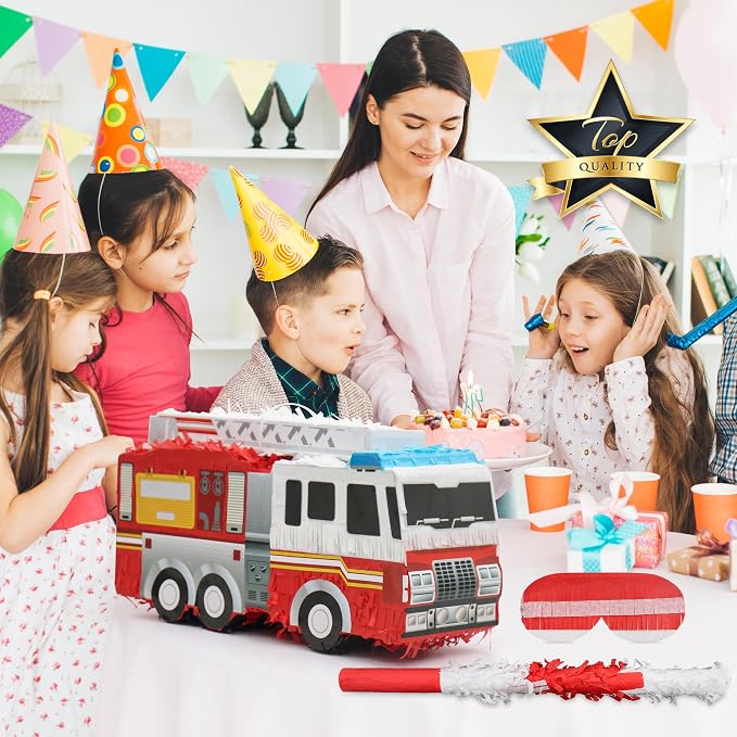 Small Fire Truck Pinatas Bundle with a Blindfold and Bat(16.1x8x5.1 Inches), Perfect for Firetruck Birthday Decorations, Boys Birthday Party Supplies
