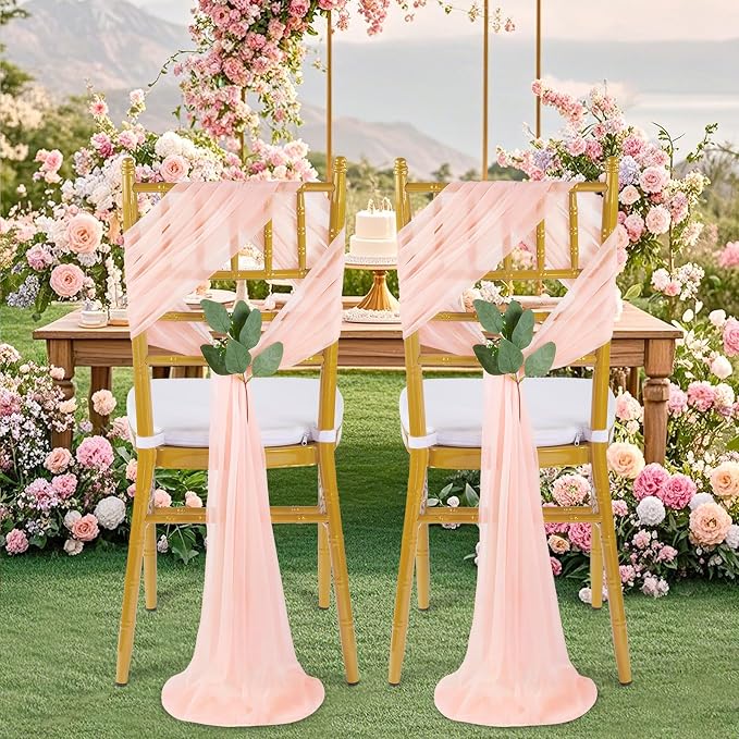 QueenDream Blush Chair Sashes Wedding Aisle Decorations: 24 Packs 8ft Long Draping Fabric Sheer Church Chair Cover Bulk for Party Banquet