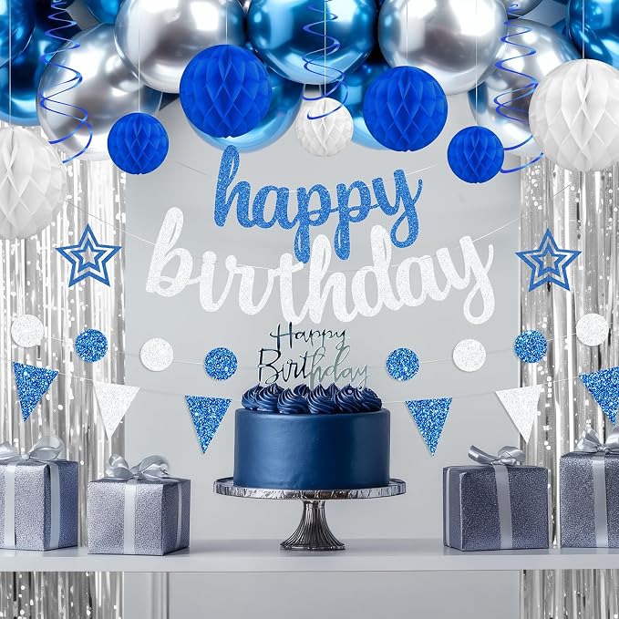 Blue and Silver Birthday Party Decorations Set - Happy Birthday Banner Balloons Foil Curtains Hanging Swirls for Men Women Kids Birthday Party Supplies