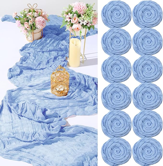 Buryeah 12 Pcs Cheesecloth Table Runner Boho Gauze Table Runner Bulk Rustic Cheese Long Romantic Runners for Wedding Bridal Shower Birthday Decor(Light Blue,28 x 120 Inch)