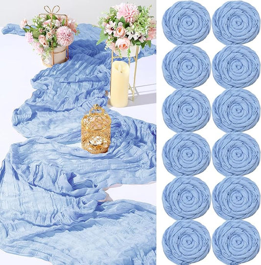 Buryeah 12 Pcs Cheesecloth Table Runner Boho Gauze Table Runner Bulk Rustic Cheese Long Romantic Runners for Wedding Bridal Shower Birthday Decor(Light Blue,28 x 120 Inch)