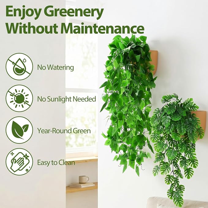 Daifunli 12 Pcs Artificial Hanging Plants Fake Hanging Ferns Plastic Fake Plant for Wall Room Garden Garland Indoor Outdoor Decor No Basket (Monstera Vine,Ivy Vine)