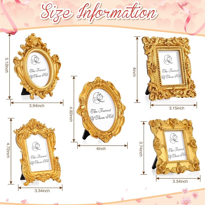 Maitys 60 Pcs Mini Picture Vintage Frames with Stands Tiny Antique Photo Baroque Ornate Resin Oval Frame Table Top Display Home Wedding Decor (Gold)