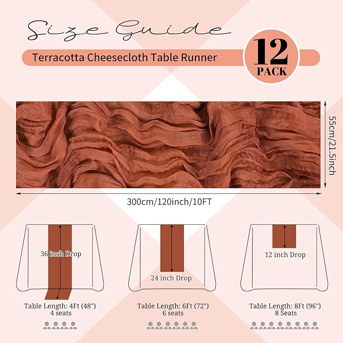 12 Pack Terracotta Cheesecloth Table Runner 120 inch Fall Thanksgiving Boho Rustic Gauze Farmhouse 10FT Cheese Cloth Runner for Baby Shower Wedding Party Holiday Home Decor