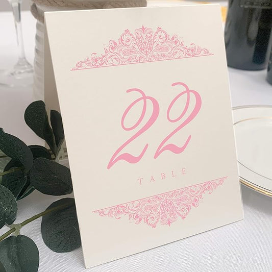 Paisley Wedding Table Numbers (Select Color/Quantity), Champagne, Pink, 1-50, Double Sided, Tent or Use in a Stand, Great for Parties & Restaurants - Made in the USA