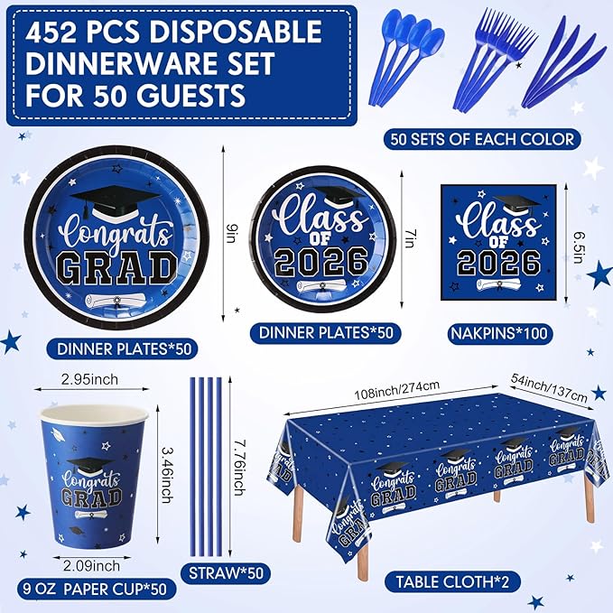 Funnymoom 452 Pcs 2026 Blue White Graduation Decoration for 50, Class of 2026 Blue Graduation Paper Plates Napkins Cups Tablecloth Cutlery Straws for College High School Congrats Grad Party Supplies