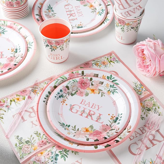 350 Pieces Baby Shower Decorations for Girl Serves 50 Guests, Floral Disposable Dinnerware Set, Pink and Rose Gold Paper Plates Cups Napkins with Plastic Cutlery