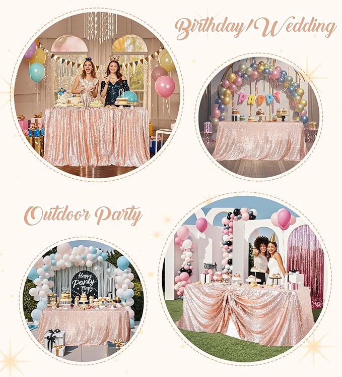 Juya Delight 60" x 102" Sequin Tablecloth Rose Gold Rectangle Sparkly Table Cover for Birthday Party Banquet Wedding 6ft Tables