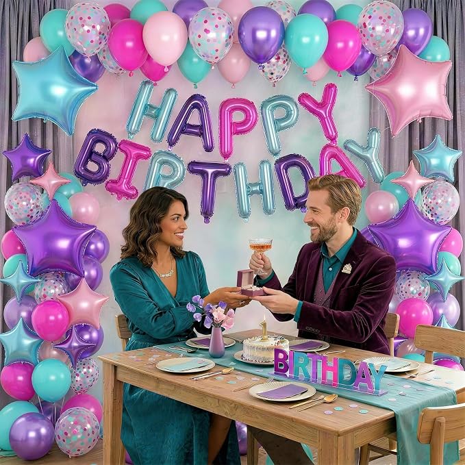 Pink Purple Blue Birthday Decorations Hot Light Pink Metallic Purple Teal Confetti Balloon Happy Birthday Banner Heart Foil Balloons 18/10 Inch Star Balloons for Girls Boys Bday Mermaid Party