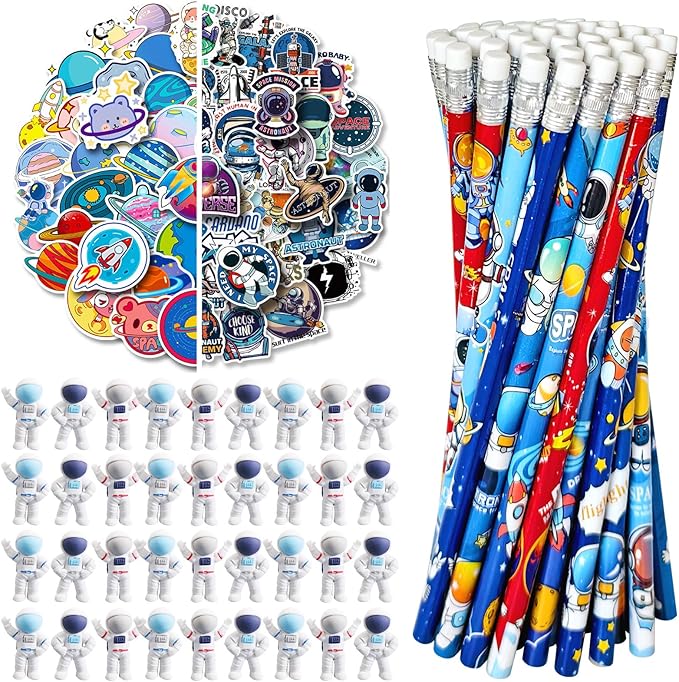 172 Pcs Outer Space Theme Stationery Set Astronaut spaceship rocket 36pencils 36erasers 100Stickers for Space Birthday Party Classroom School Reward Gift Prizes Goodie Bags Stuffers Office (space)