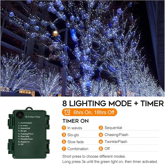 FairyGlim Battery Operated Christmas Lights, 20FT 200 Micro LEDs Fairy Lights with 8 Modes and Timer, Green Copper Wire for Indoor Outdoor Christmas Tree Wreath Garland Garden Party,Cool White