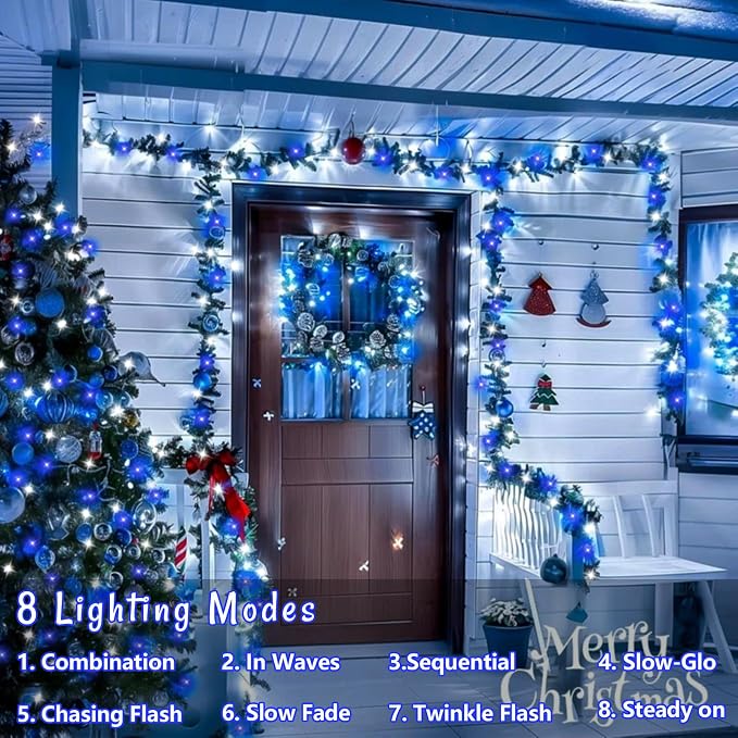 QITONG 4 Pack Solar Fairy Lights, Each 33ft 100 LED Blue and White Christmas String Light Outdoor Waterproof, 8 Modes Silver Wire Twinkle Mini Lights