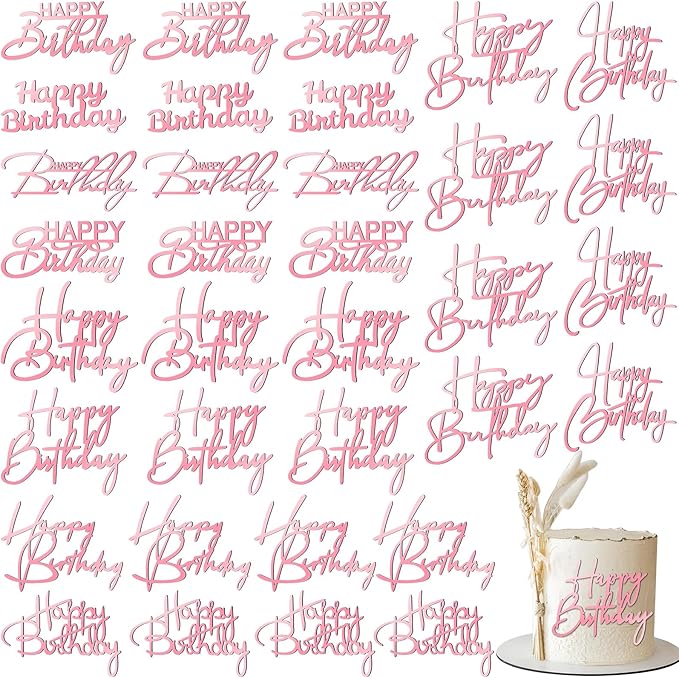 Barydat 50 Pcs Happy Birthday Cake Toppers Bulk Mirror Acrylic Cupcake Topper Cupcake Decorations Happy Birthday Sign for Cake Side Inserts Decor Party Supplies 10 Style (Pink)