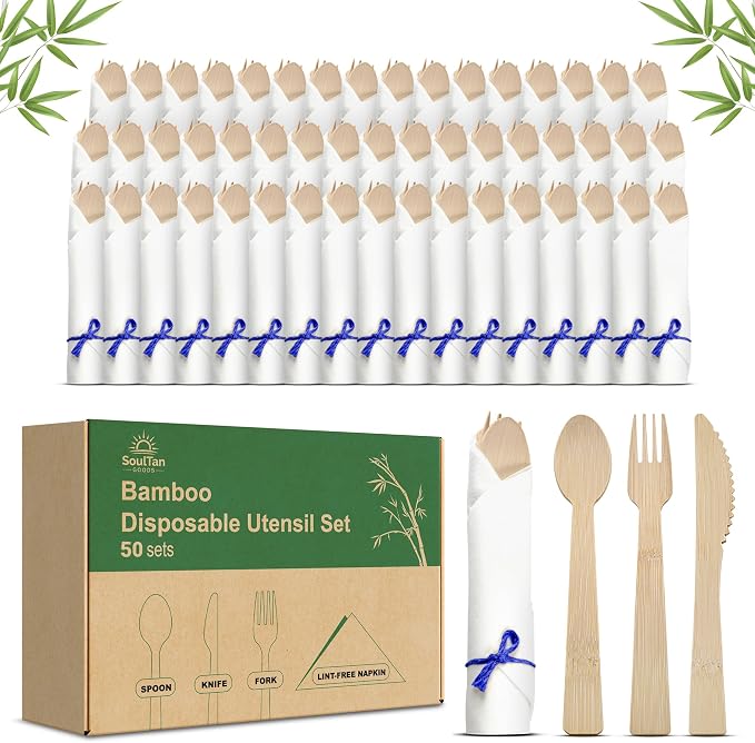 Prerolled Disposable Bamboo Cutlery Set – 50 Pack Pre Wrapped Silverware and Napkin Bundle with Forks, Knives, Spoons for Parties, Weddings, Events, and BBQ (Blue String)