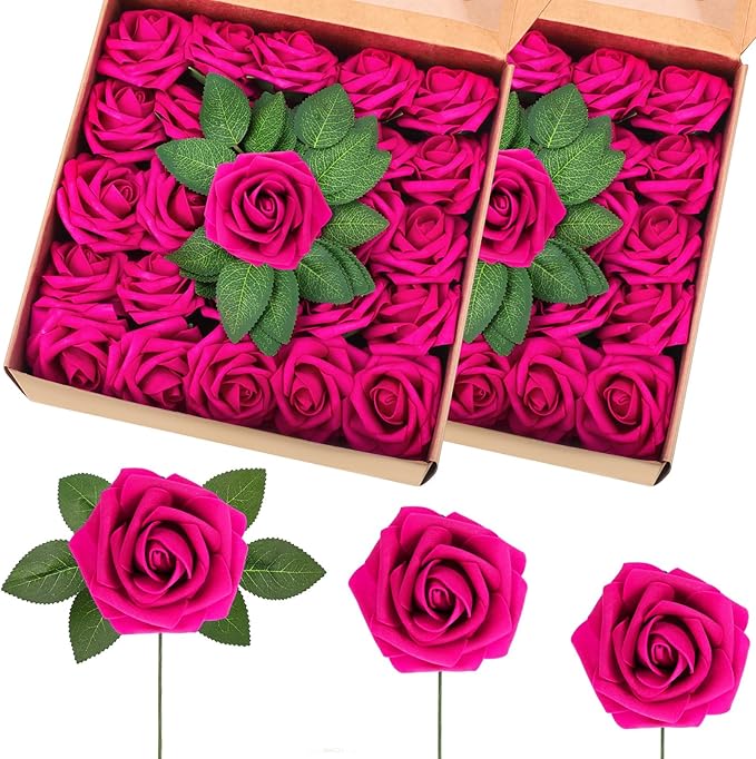 50 Pcs Artificial Foam Rose Flower Faux Bouquet Wedding Fake Rose Gift for Mother's Day Women DIY Bridal Shower Party Table Birthday Home Spring Decor (Hot Pink)