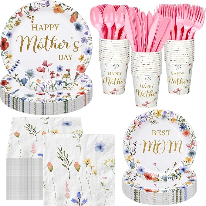 Yungyan 252 Pcs Mother's Day Wildflower Party Tableware Set Happy Mother's Day Floral Paper Plates Napkins Cups Forks Knives Cutlery for Party Decorations Supplies