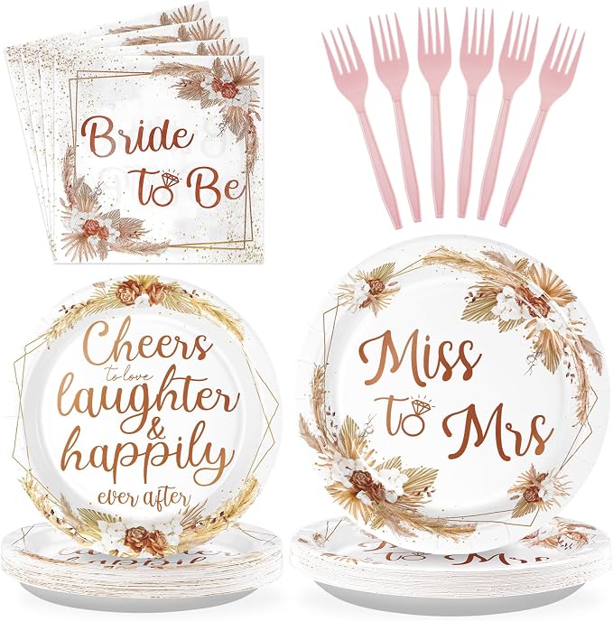 Grencian 96Pcs Boho Bridal Shower Decorations Miss to Mrs Party Plates Disposable Boho Bride to Be Paper Tableware for Bride Groom Bachelorette Party Wedding Engagement Party Supplies, Serves 24