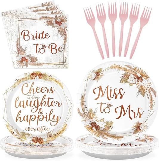 Grencian 96Pcs Boho Bridal Shower Decorations Miss to Mrs Party Plates Disposable Boho Bride to Be Paper Tableware for Bride Groom Bachelorette Party Wedding Engagement Party Supplies, Serves 24