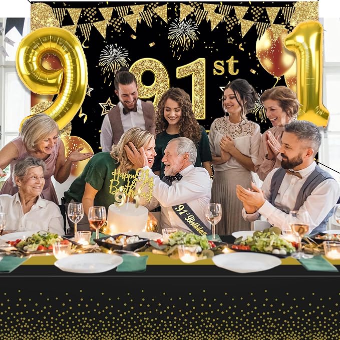 91st Birthday Decorations Men Women with 91st Birthday Banner, Black and Gold Table Cloth, Number Balloons, Large Sash, Cake Topper and Candles