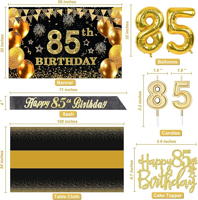 85th Birthday Decorations Men Women with 85th Birthday Banner, Black and Gold Table Cloth, Number Balloons, Sash, Cake Topper and Candles
