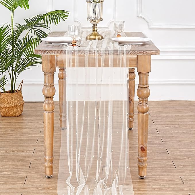 LuoluoHouse Pearl Tulle Table Runner Fabric: Beige 10ft Wedding Veil Seasonal Dessert Chiffon Pearl Lace Boho Overlay Wedding Aisle Runner Party Decorations Doilies