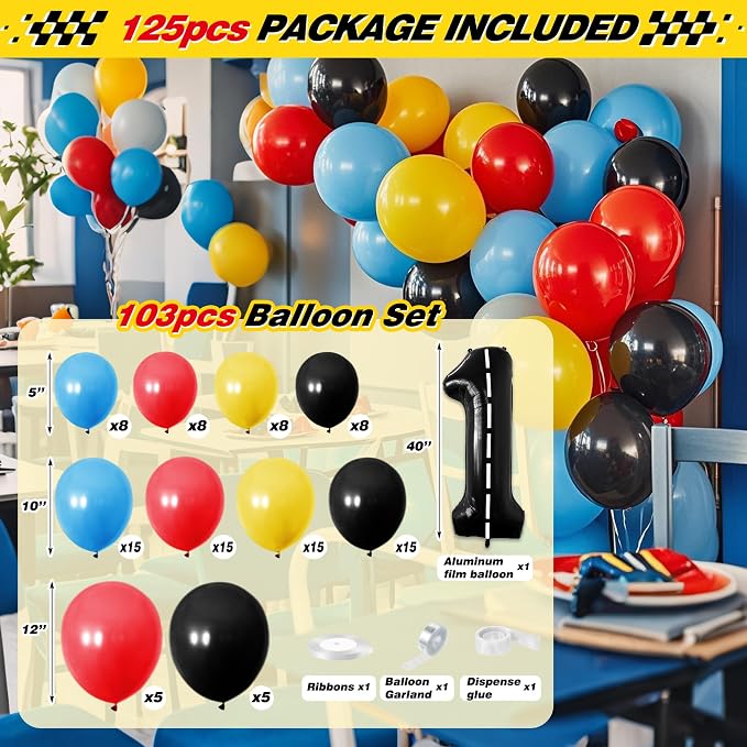 Fast One Birthday Decorations for Boys - 1st Race Car Theme Party Supplies for Baby Shower Decoration Include Birthday Hat Cake Topper Backdrop Tablecloth Photo Banner Arch Balloon Boxes Poster
