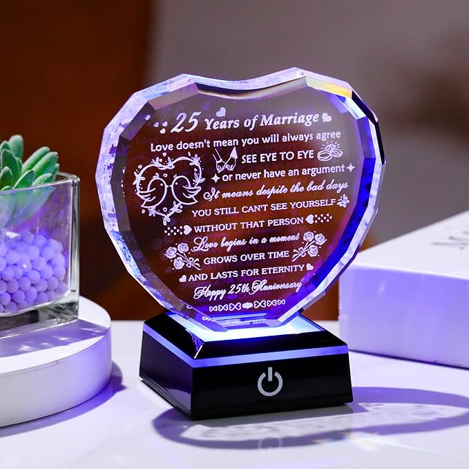 Arikyrist 25th Wedding Anniversary Crystal Heart Gifts for Couple, Laser Engraved 25 Year Anniversary Crystal Gifts for Wife Husband Parents, Romantic 25 Years of Marriage Gift for Him Her Friends
