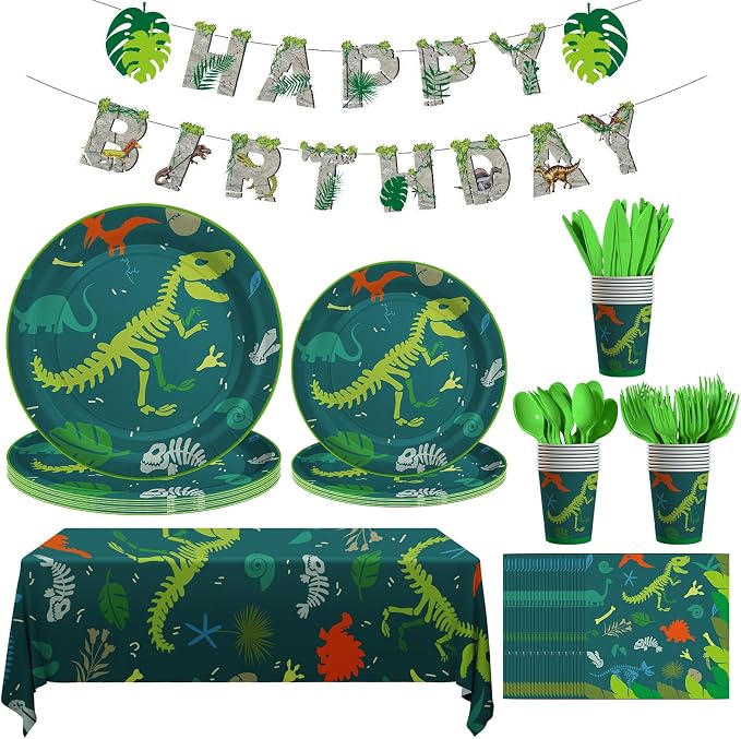 Cecnamt Dinosaur Birthday Decorations, 170 Pcs Dinosaur Party Supplies Including Banner, Plates, Cups, Napkins, Cutlery and Tablecloths, Serves 24
