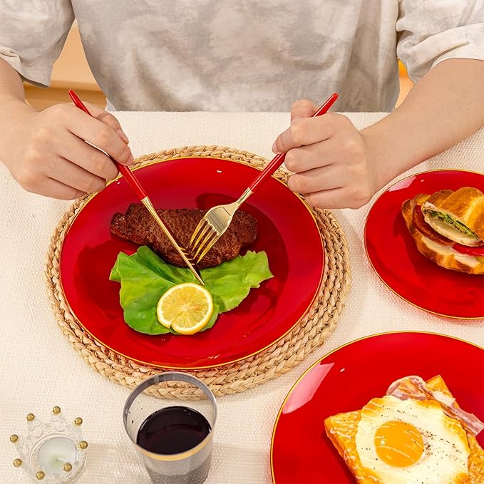 DaYammi 150Pcs Red Plastic Plates & Gold Cutlery with Red Handle,Red Disposable Plates Set Include 30 Dinner Plate, 30 Dessert Plate,30 Knives,30 Forks,30 Spoons for Mother's Day Party Wedding