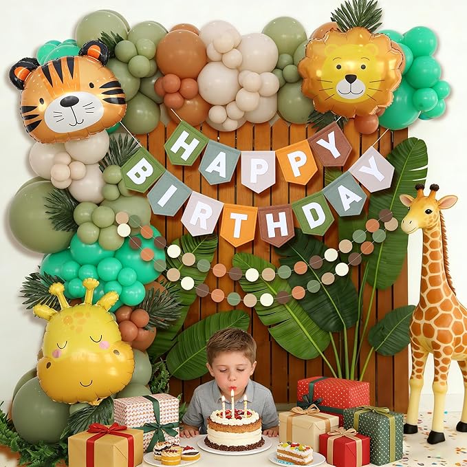 Safari Balloon Arch Kit Happy Birthday Banner Felt Brown Green Wild Animal Zoo Theme Sage Green Brown Jungle for Baby Boys Party Decorations