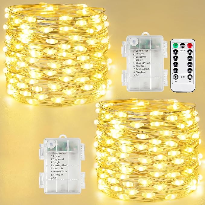 2 Pack Fairy Lights Battery Operated with Remote, 200LED 66FT Twinkle Lights Waterproof for Outdoor & Indoor, 8 Modes Battery String Light Timer for Christmas Party Birthday Home DIY Décor(Warm White)