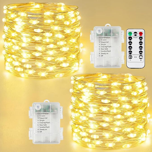 2 Pack Fairy Lights Battery Operated with Remote, 200LED 66FT Twinkle Lights Waterproof for Outdoor & Indoor, 8 Modes Battery String Light Timer for Christmas Party Birthday Home DIY Décor(Warm White)