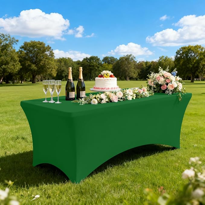 Moosfor Spandex Elastic Fitted 6FT Rectangle Tablecloth 6 Pack, Stretch Washable Reusable Table Cover for Outdoor Picnic, Dining, Wedding, Banquet & Party Events (Emerald Green, 72Lx30Wx30H Inch)