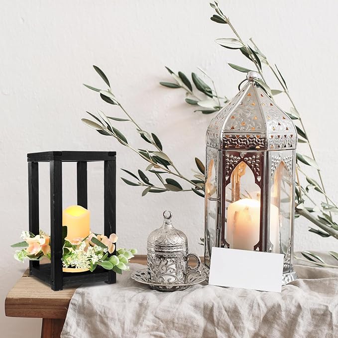 Hushee 60 Pcs Wooden Wedding Lantern Centerpiece Integrated Holders with Candles and Wreaths Rustic Wooden Candle Lantern Decor for Wedding Party Table Valentine Decor (Black)