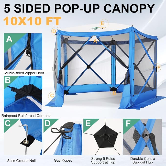 COBIZI 10x10 FT Pop up Gazebo, Popup Canopy tent, Screened In Gazebos with sidewalls, Waterproof Portable Outdoor Small Screen tents Sun Shelter,carpas para patio for Camping, Garden and Backyard,Blue