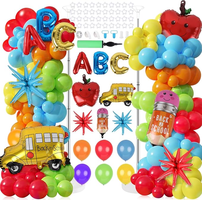 2 Sets Back to School Decorations Adjustable Balloons Column Stand Kit Kindergarten Graduation Decor with Pencil Schoolbus Apple Foil Balloons for First Day of School Tower Party Decorations